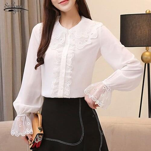2020 Autumn Round Neck Lace Shirt Women Blusas New Casual Sweet Ruffled Long-Sleeved Chiffon Shirt Womens Tops Blouse 10341
