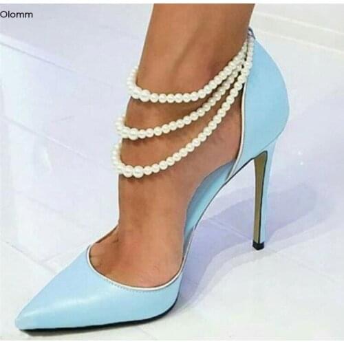 Olomm New Fashion Women Pumps Sexy Pearl Stiletto High Heel Pumps Charm Pointed Toe Gorgeous Blue Party Shoes Women US Size 5-15