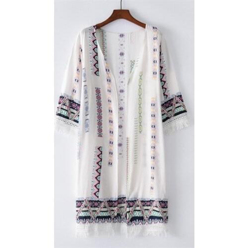 Bohemian Style 2021 Summer P Long Cardigan Kimono Tops Casual Boho Hippie Embroidery Tassel Ladies Shirts Women Tops
