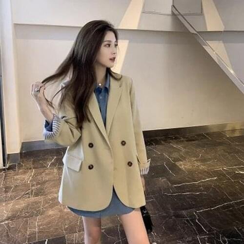 2021 Spring Autumn Solid Color Elegant Blue Blazer Women Jacket Womens Korean Style Loose V-neck Long Sleeve Cardigan Size S-XL