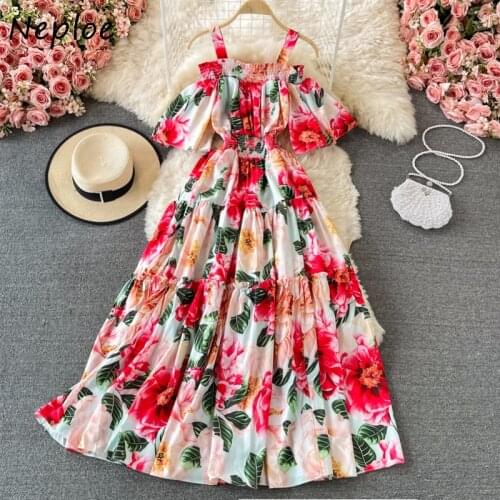 Neploe Square Collar Short Sleeve Camis Dress Women Print Holiday Bohemian Long Vestidos High Waist Hip A Line Slim Robe Summer