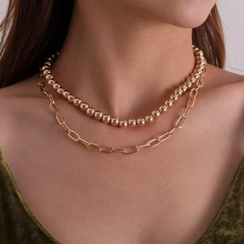 Punk Double-Layer Gold Silver Color Thick Chain Round Choker Necklace for Women Fashion Beads Chain Statement Necklace Jewelry