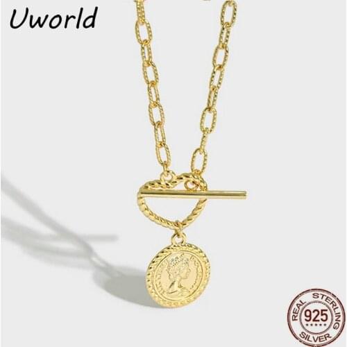 Gold Heart Round Coin Pendant Necklace Vintage Jewelry S925 Sterling Silver Heart Coin Pendant Necklace Retro Elizabeth Necklace