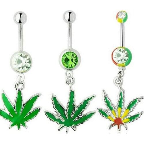 1PCS Rhinestone Green Pot Leaf Feather Tortoise Bead Dangle Navel Belly Bar Button Rings Body Piercing Jewelry