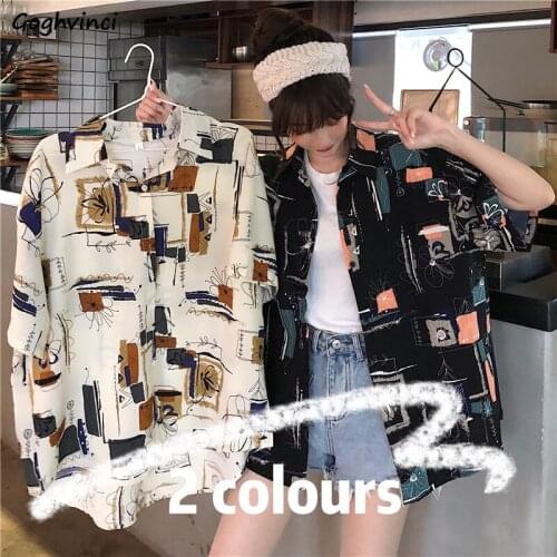 Blouses Women Shirts Summer Thin Printed Harajuku Loose BF Oversize Leisure Students Unisex All-match Vintage Retro Streetwear