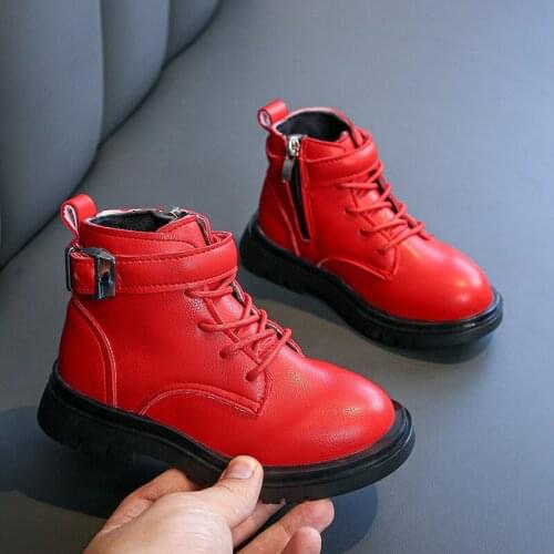 Spring and Autumn Cool PU Leather Girls Martin Boots Children Shoes Lace Up Waterproof Kids Boots Single Boys Shoes Short Boots