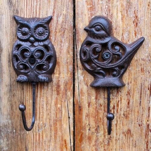Rustic Hollow Bird Owl Cast Iron Wall Hook European Home Garden Wall Decor Heavy Metal Hook Handmade Animal Figurines Wall Hooks