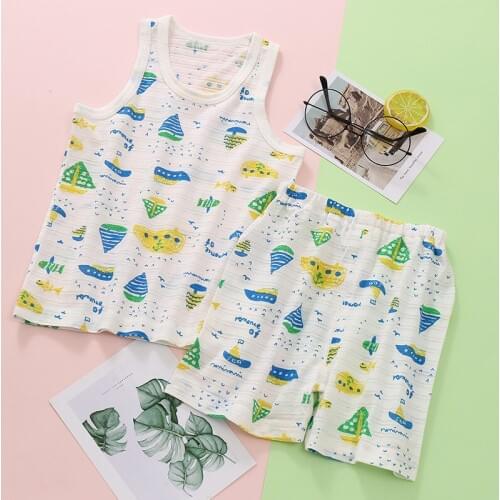 2PCS/set Kids Sleeveless Clothing Unisex Children Cotton Summer Wear Toddler Cartoon Top Pants Baby Boy Girls Clothes New