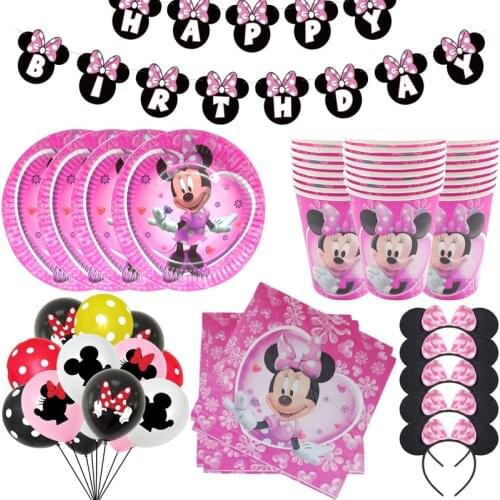 Disney Minnie Mouse party Disposable tableware paper plate cup decor baby girl favor 1st birthday party diy balloon decoration