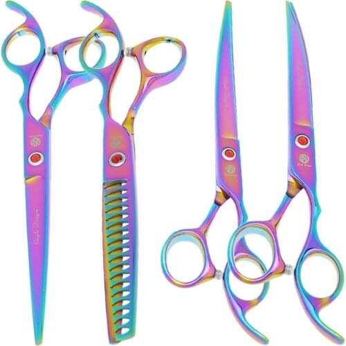 Purple Dragon 7.0" Pet Grooming Scissors Dog Straight Curved Cutting Shears Fish Bone Thinning Tijeras Animal Beauty Tool B0018B