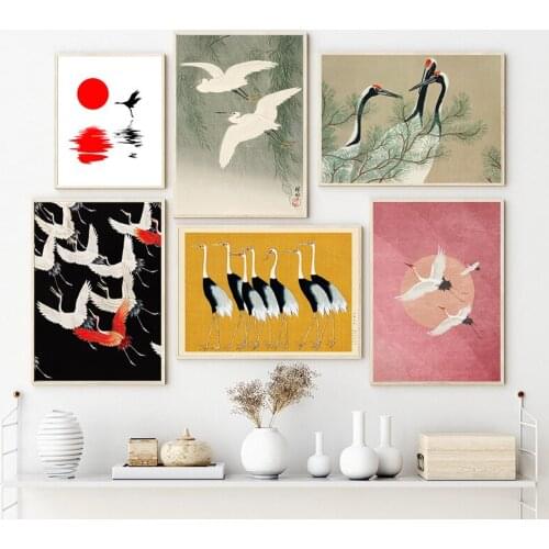 Japanese Style Sunset Silhouette Canvas Painting Home Decoration , Red-crowned Crane Traditional Wall Pictures Art Print Poster