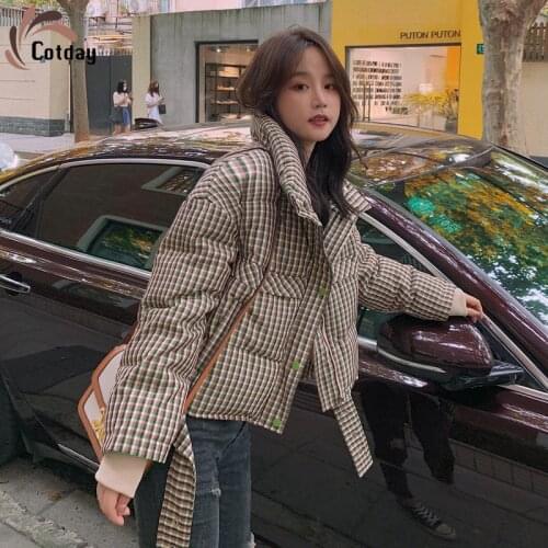 Cotday Vintage Short Winter Plaid New Age Reduction England Version Down Cotton Of Small Thick Fashionable Womens Jacket Coat