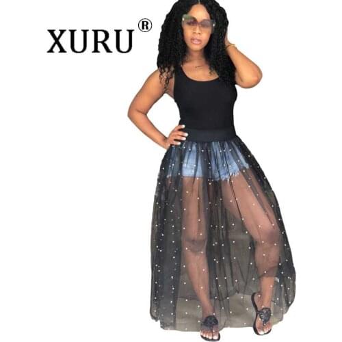 XURU summer new womens mesh dress sexy loose beaded dress jujube blue black dress
