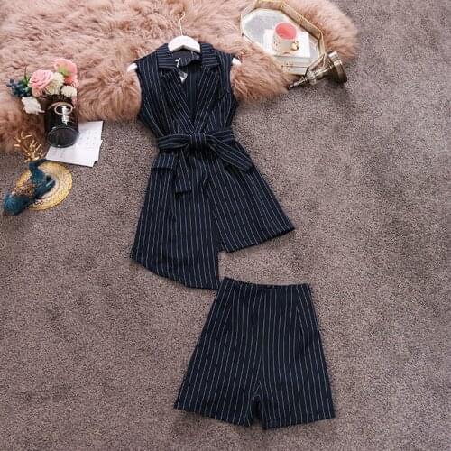 HISUMA summer new women OL turn-down collar striped lace-up vest blouse high waist wide leg shorts suits female two piece sets