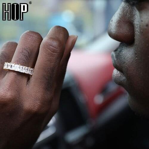 Hip Hop 1Row Square Iced Out Bling Cubic Zircon Charm Gold Round Ring Mens CZ For Men Jewelry Size 8-11