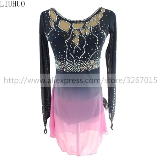 Figure Skating Dress Womens Girls' Ice Skating Dress Roller skating Competition Round neck long sleeve Dark gray light pink