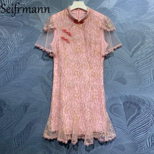 Seifrmann New 2021 Summer Women Fashion Runway Party Mini Dress Petal Sleeve Lace Ruffles Sequined Elegant Ladies Mesh Dresses