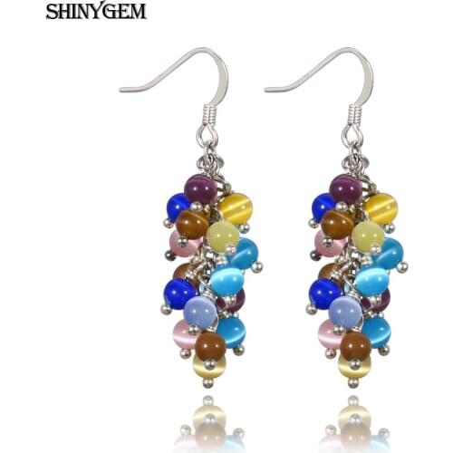 ShinyGem Fashion Multicolor 4mm Round Cat Eye Stone Bead Earrings Cute Grape Dangle Drop Long Earrings For Women Wedding Gifts