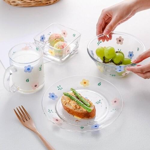 Flower Strawberry Glass Bowls and Plate Tableware Household Dishs Snack Plate Salad Bowl Fruit Plate Milk Cup Dinnerware Sets