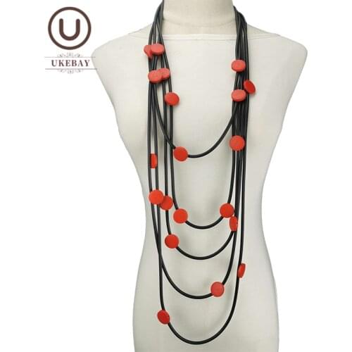 UKEBAY New Wood Pendant Necklaces Women Big Necklace Match Gothic Clothes Sweater Chain 12 Colors Handmade Rubber Jewelry Party