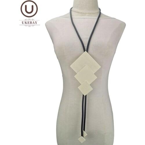 UKEBAY New Long Necklaces Square Wood Pendant Necklace Rubber Jewelry Vintage Handmade Jewellery Big Sweater Chain For Party