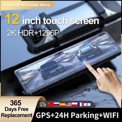 Dash Cam 12 Inch Touch Screen Car DVR Rearview Mirror 4K front and 1296P rear Dual Lens Camera Night Vision Auto Video Recorder