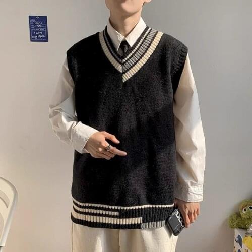 Knitted Sleeveless Sweater Vest Men Thin Simple Fashion Waistcoat Spring Summer Harajuku V-neck Tops Pullover Male Clothes Goth