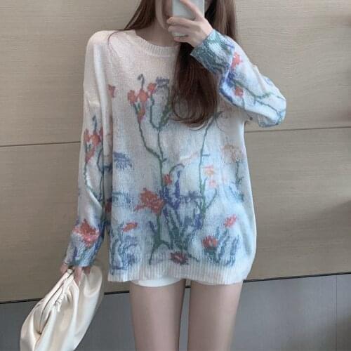 Korean Chic O Neck Long Sleeve Women Sweaters Vintage Flower Embroidery Mohair Female Pullovers Office Lady Elegant Jumper Femme