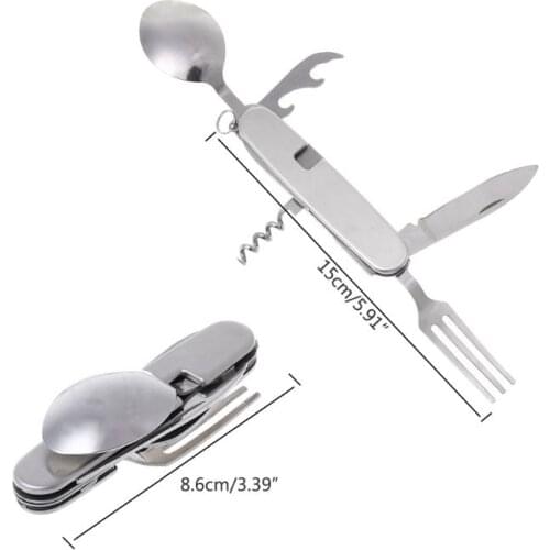 6 in 1 Outdoor Camping Tableware Folding Knife Fork Spoon Bottle Opener EDC Tool
