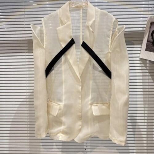 Women Translucent Mesh Off-shoulder Open Blazer New Notched Neck Long Sleeve Fashion Temperament Spring Autumn 2021 Z993
