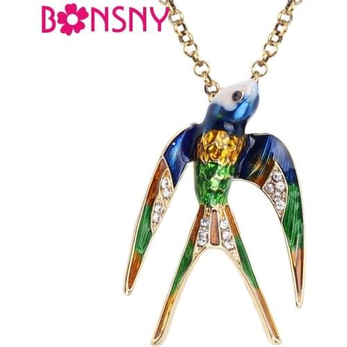 Bonsny Enamel Rhinestone Swallow Bird Necklace Pendant Chain Choker Alloy Novelty Animal Jewelry For Women Girls Gift Wholesale