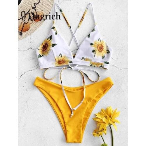 Sunflower Printed Bikini Set Sexy Swimwear Women 2021 Push Up Padded Biquini Bathers Bandage Bathing Suit Swimsuit Bikini