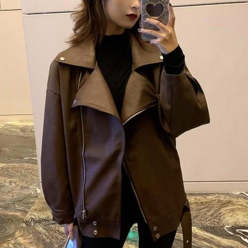 Korean Fashion Black Asymmetric Zip Leather Jackets Women Y2K Streetwear Womens Moto Biker Zipper Jacket Casual Loose Coat 2021