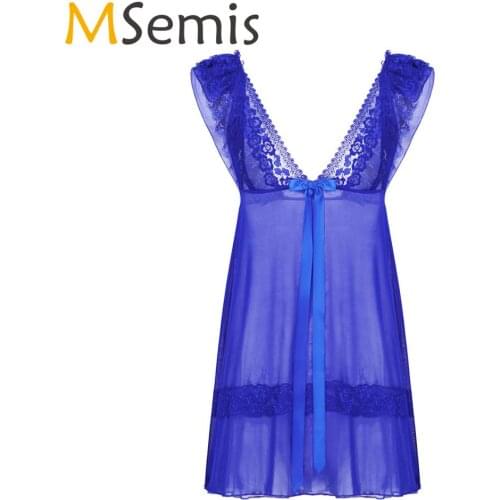 MSemis Men Pink Sissy Dress Lingerie Ruffle Lace Cup Bra See-through Sheer Mesh Babydoll Erotic Nightwear Sexy Erotic Sleepwear
