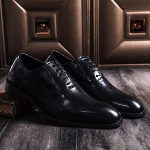 Mens Business Dress Shoes Top Quality Designer Black Round Toe Genuine Leather Formal Wear Shoes Men Wedding Party Oxfords Shoe