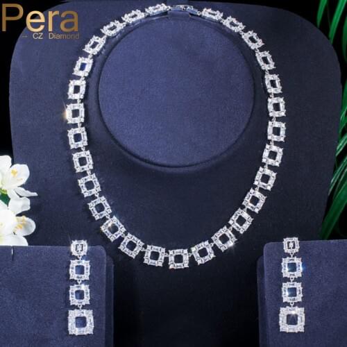 Pera Clean White Square Hollow Cut CZ Geometric Long Hanging Earrings and Chain Necklaces Women Jewelry Sets for Wedding J285