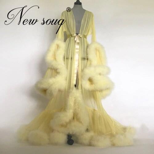 See Through Long Arabic Women Evening Dresses For Pregnant 2020 Robe De Soiree Turkish Saudi Arabia Prom Dress Feathers Yellow