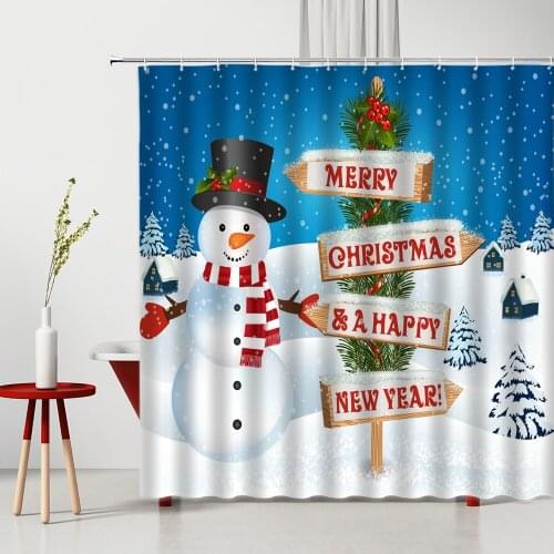 Red And White Christmas Balls Stars Shower Curtain Xmas Fir Leaves Snowman Pattern Party Decor Polyester Home Bathroom Supplies