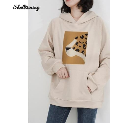 Shellsuning Winter New Loose Fashion Leopard Printing Plus velvet Hoodies Sweatshirts Womens Korean Version Long Sleeve Top