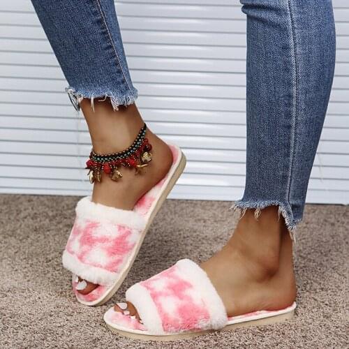 2021 Flat Beach Slides Fashion Spot Printing Furry Soft Slippers Indoor Home Shoes Women Slippers Women Casual Flip Flops