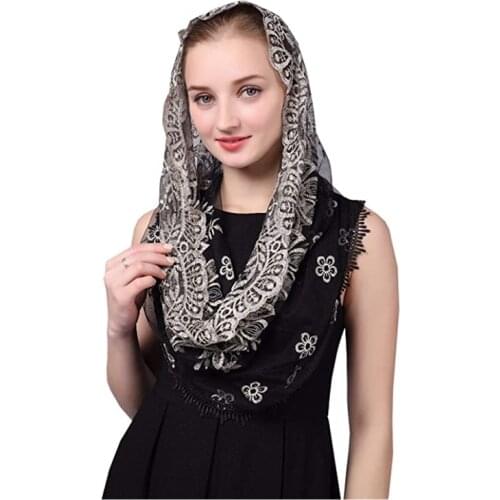 Black and Gold Mantilla Veils for Church Catholic Women Headcovering Traditional Head Wrap Embrodered Floral Tulle Lace Round