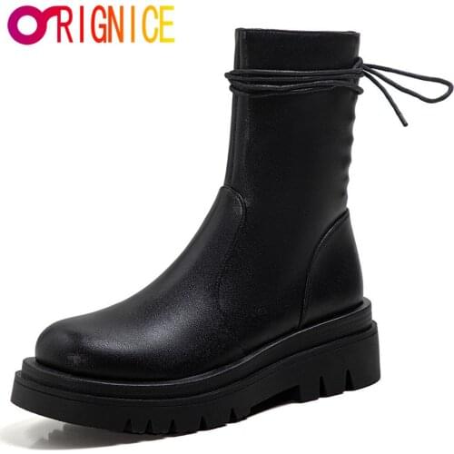 Orignice Big Size 34-42 High Quality Leather Ankle Boots Women Zipper Lace Up Platform Round Toe Fashion All Match Casual Shoes