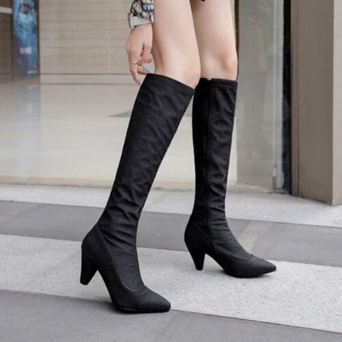 High Heel Knee-High Boots for Women Pointed Toe Warm Winter Boots Ladies Black Silver New Spike Heels Western Boots Long Boots