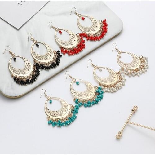 Bohemian Women Beaded Tassel Vinatge Water Drop Earrings Gold Color Hollow Geometric Carved Charm Femme Earrings Jewelry Gift