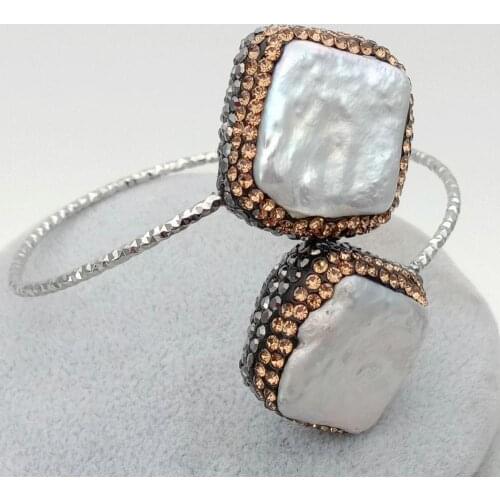 Cultured White Square freshwater Pearl Cubic Zirconia pave silver color plated Bangle Bracelet cute for women