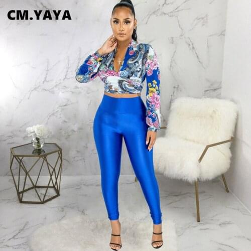 CM.YAYA Women Set Print Full Sleeve V-neck Bandage Crop Tops Stretchy Skinny Pencil Pants Two 2 Piece Sets Tracksuit Fall Outfit