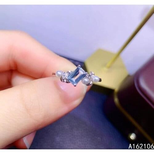 925 Pure Silver Chinese Style Natural Aquamarine Womens Popular Classic Rectangle Pearl Adjustable Gem Ring Fine Jewelry Suppor