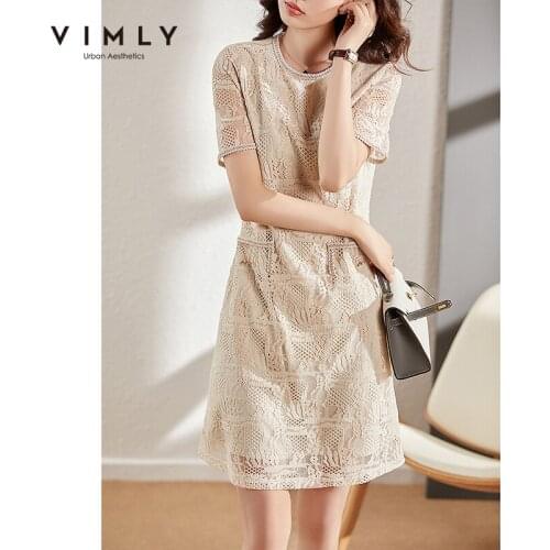 VIMLY New Summer Women Lace Dresses Fashion O Neck Hollow Mini Dress Elegant Slim Waist Short Sleeve Sweet Dresses F8233
