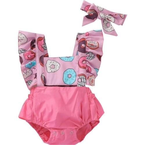 Baby Girls 2Pcs Summer Outfits, Cute Doughnut Print Ruffle Sleeve Romper with Headband Set