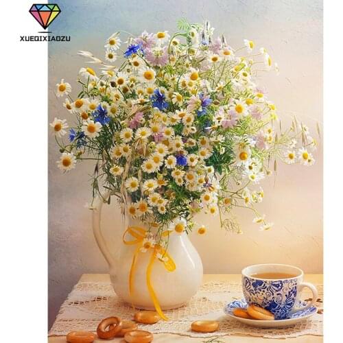 5D Full Diamond Diamond Painting White Small Daisy Vase Round Diamond Embroidery Home Craft Ornaments Cross Stitch Gift HCS33